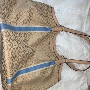 Tan and blue coach bag